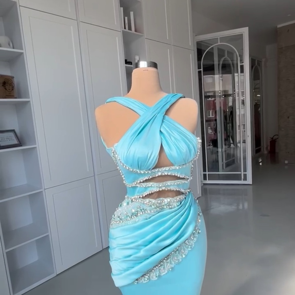 Blue Asymmetrical Ruched Halter Cocktail Dress - Picture 3 of 3